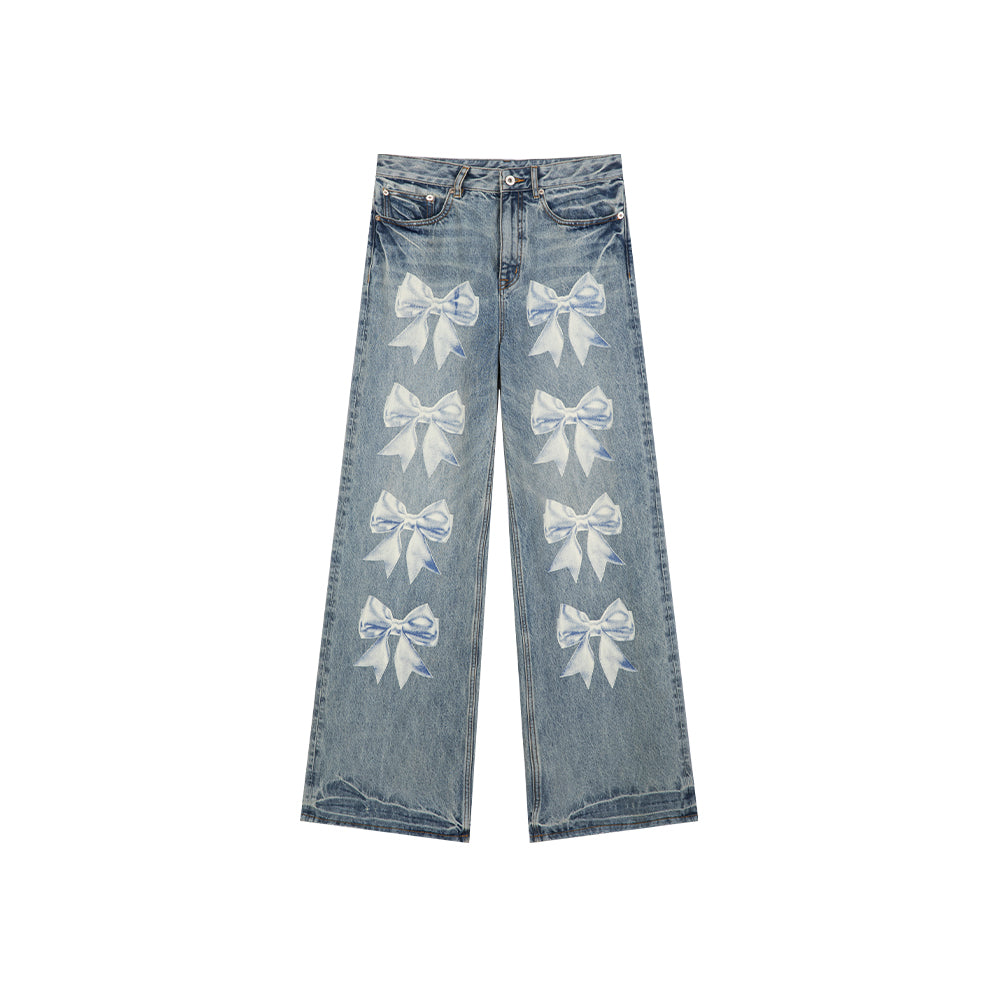 Ribbon Printed Wide Leg Jeans