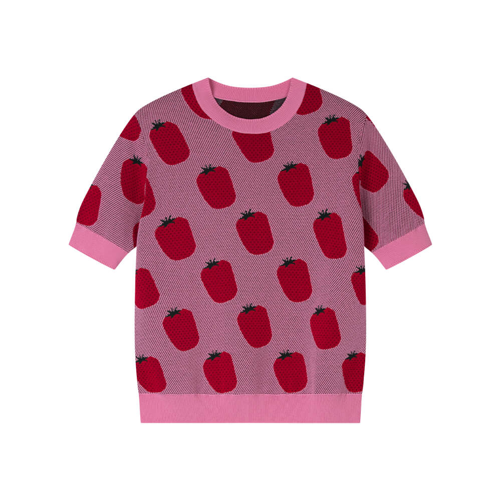 Round-neck Strawberry Patterned Top