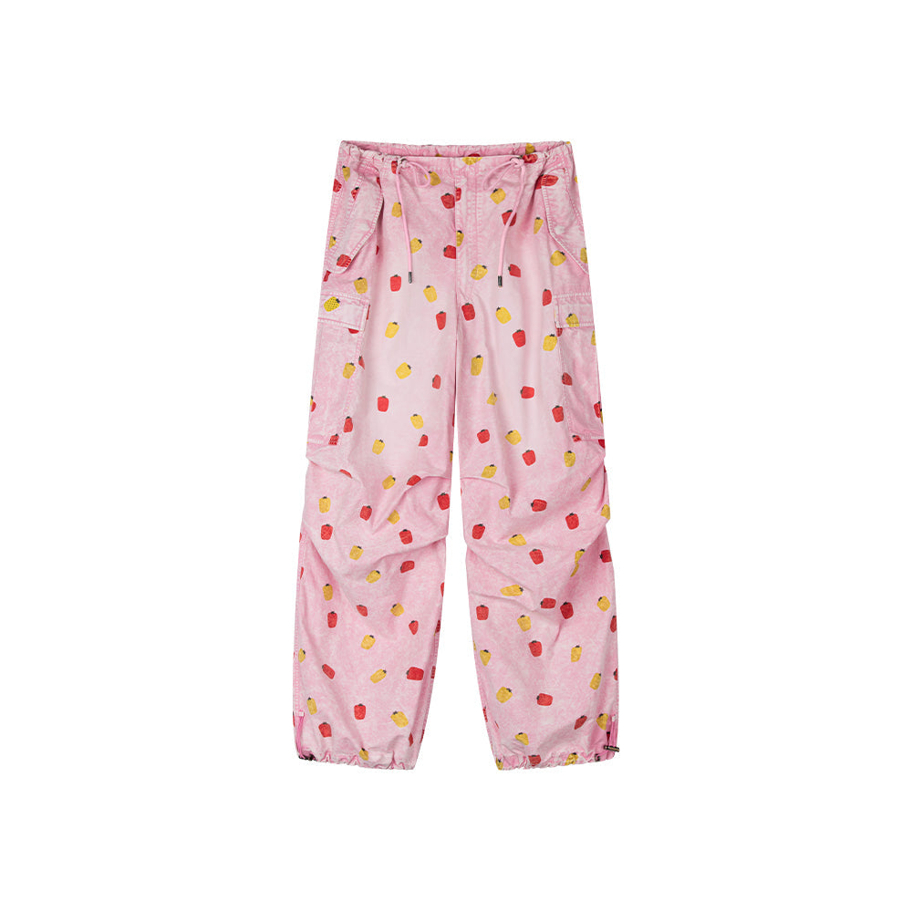 Full-printed Fruit Patterns Washed Pink Denim Cargo Pants