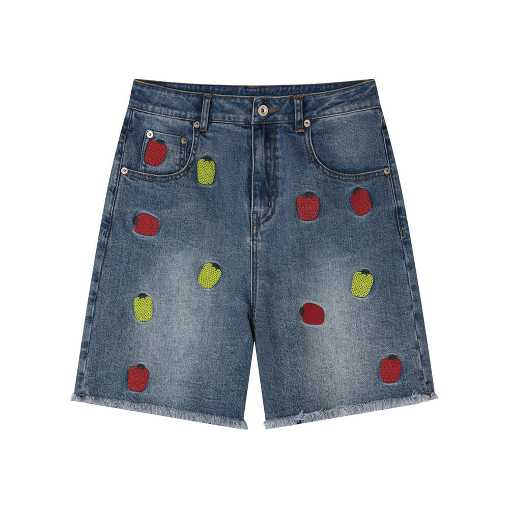 Fruit Patterns Raw-edge Washed Denim Shorts