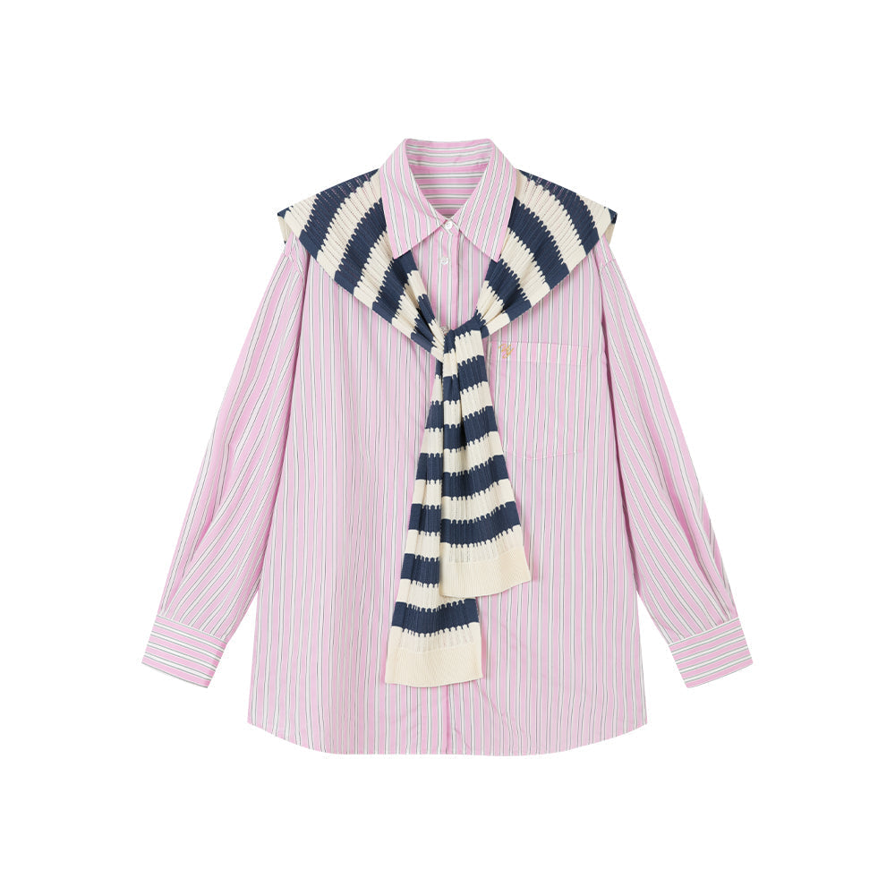 Detachable Collar Striped Pink Shirt