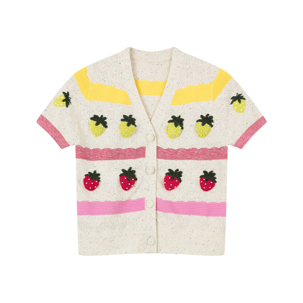 Strawberry Patterned Striped Short-sleeved Cardigan