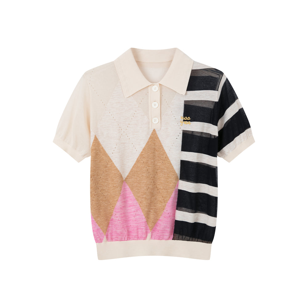 Diamond Patterned And Striped Spliced Polo Shirt