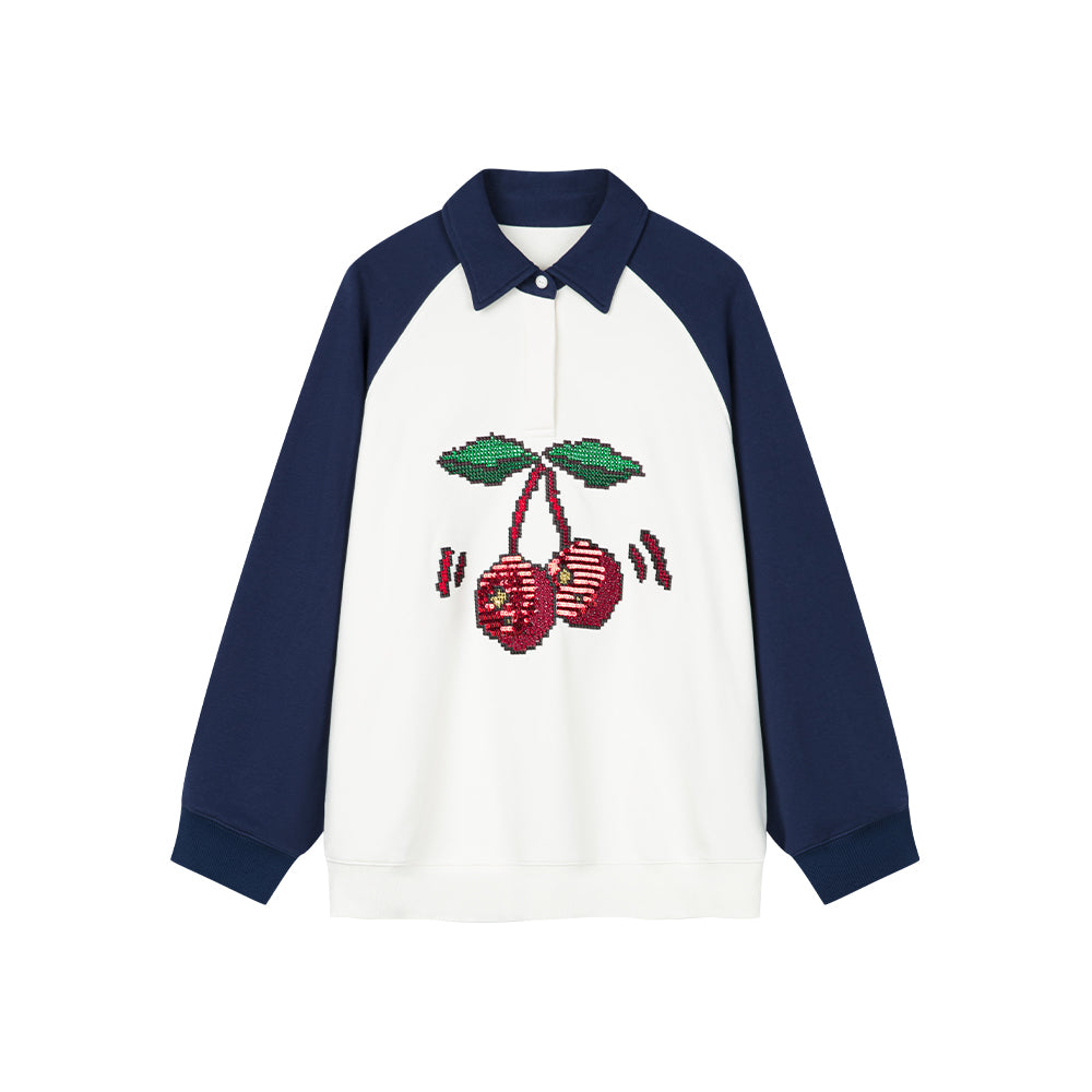 Raglan Sleeved Cherry Patterned Polo Sweatshirt