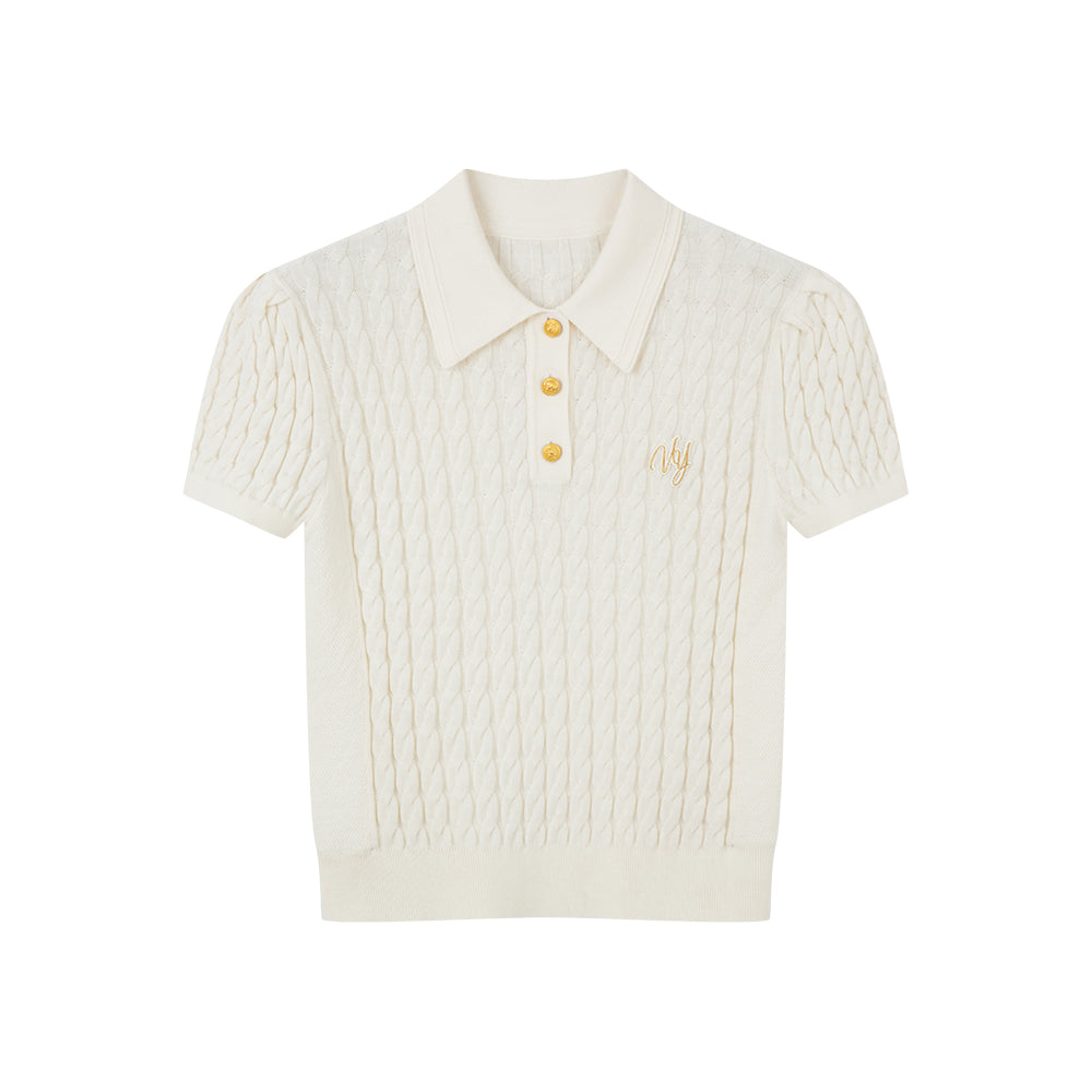 Cable Knitted Ivory Polo Shirt