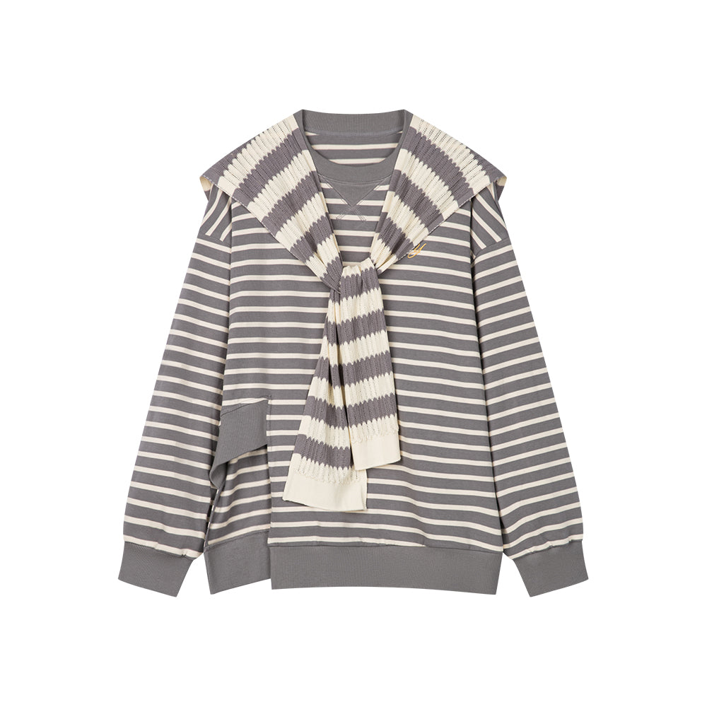 Detachable Collar Light Grey Striped Sweatshirt