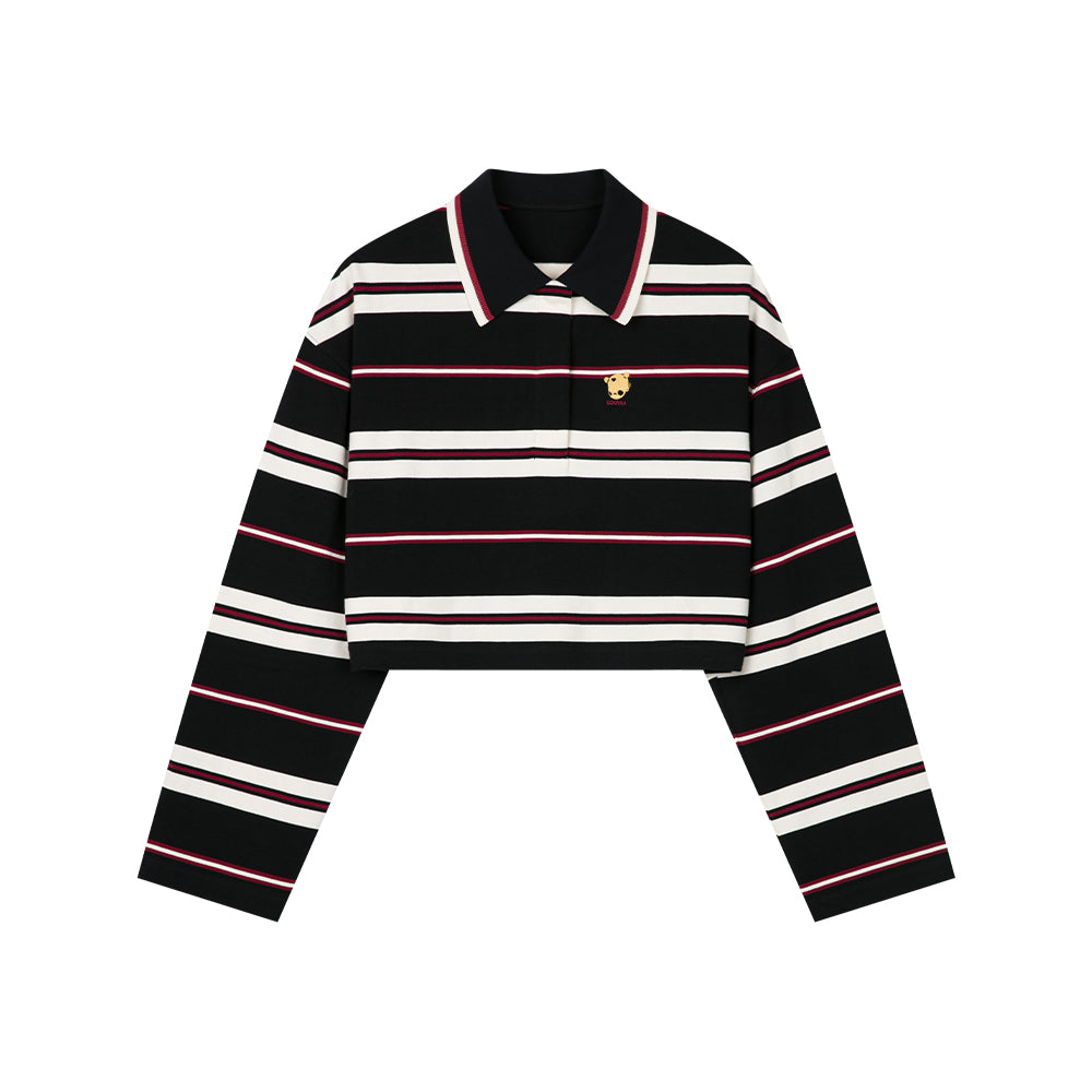 Black Striped Cropped Long-sleeved Polo Sweatshirt