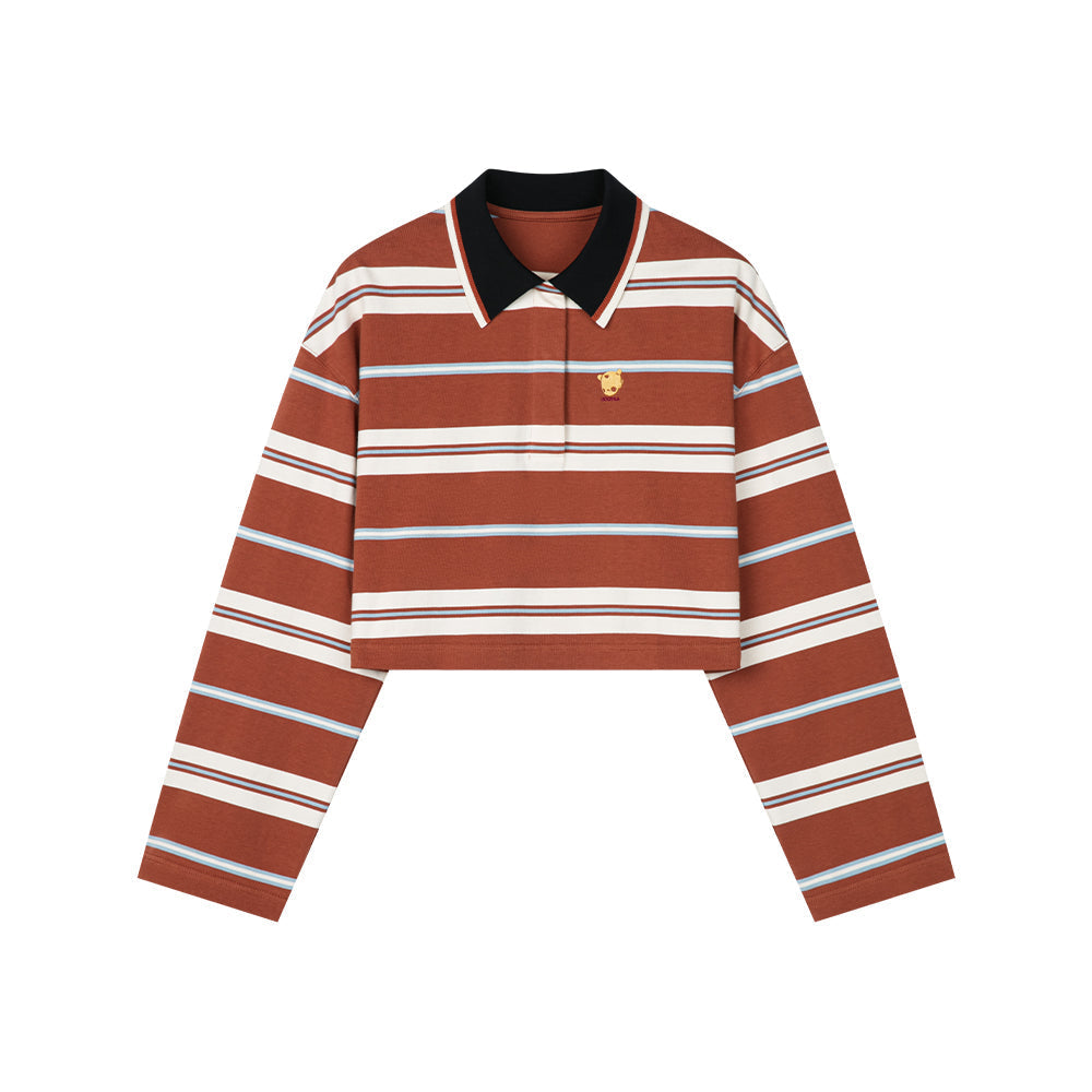 Orange Striped Cropped Long-sleeved Polo Sweatshirt