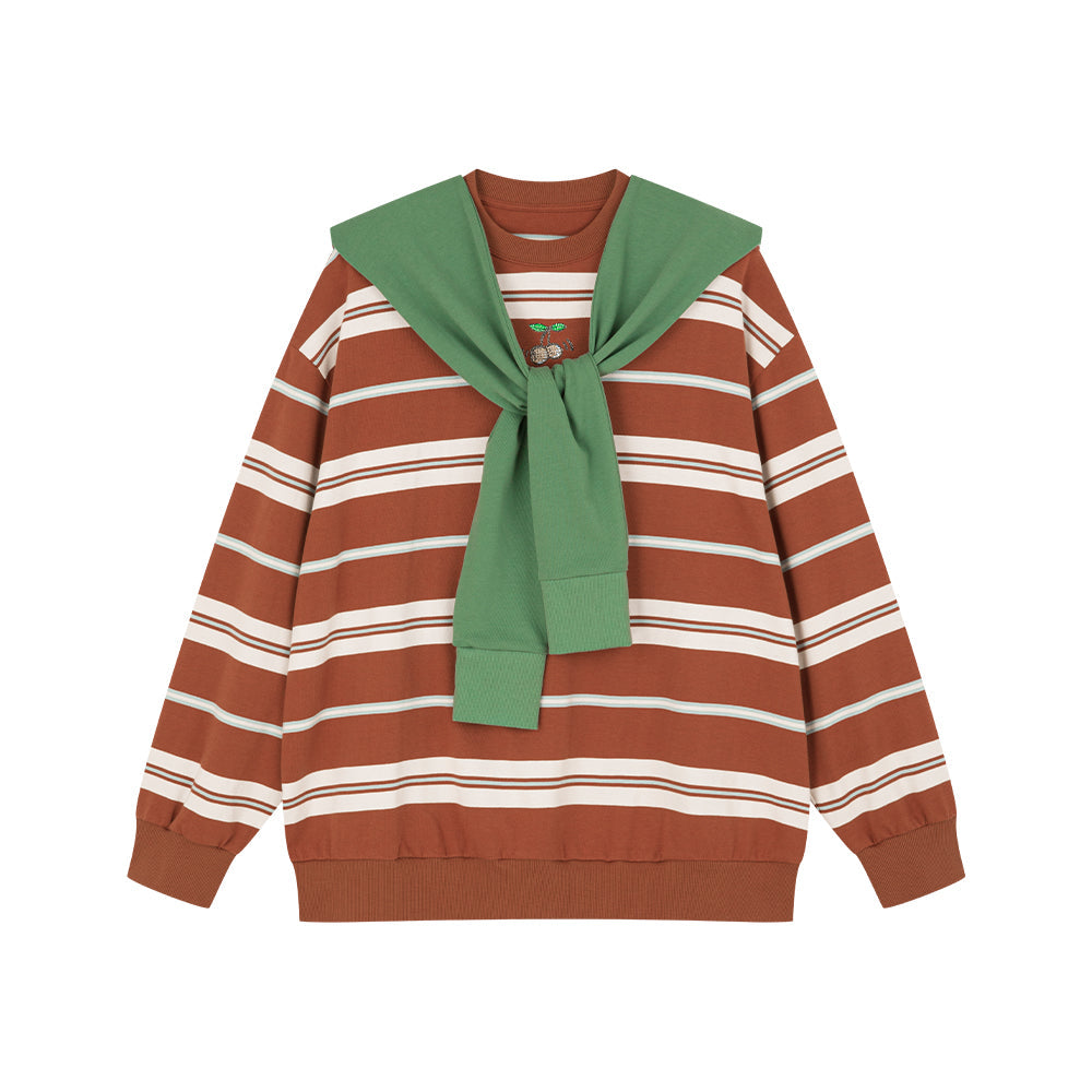 Detachable Collar Brick Red Striped Sweatshirt