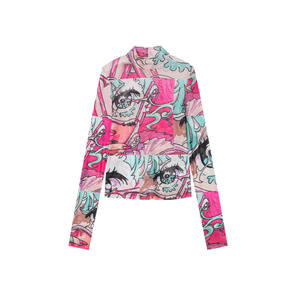 Pink Full-printed See-through Turtle Neck Long-sleeved Top