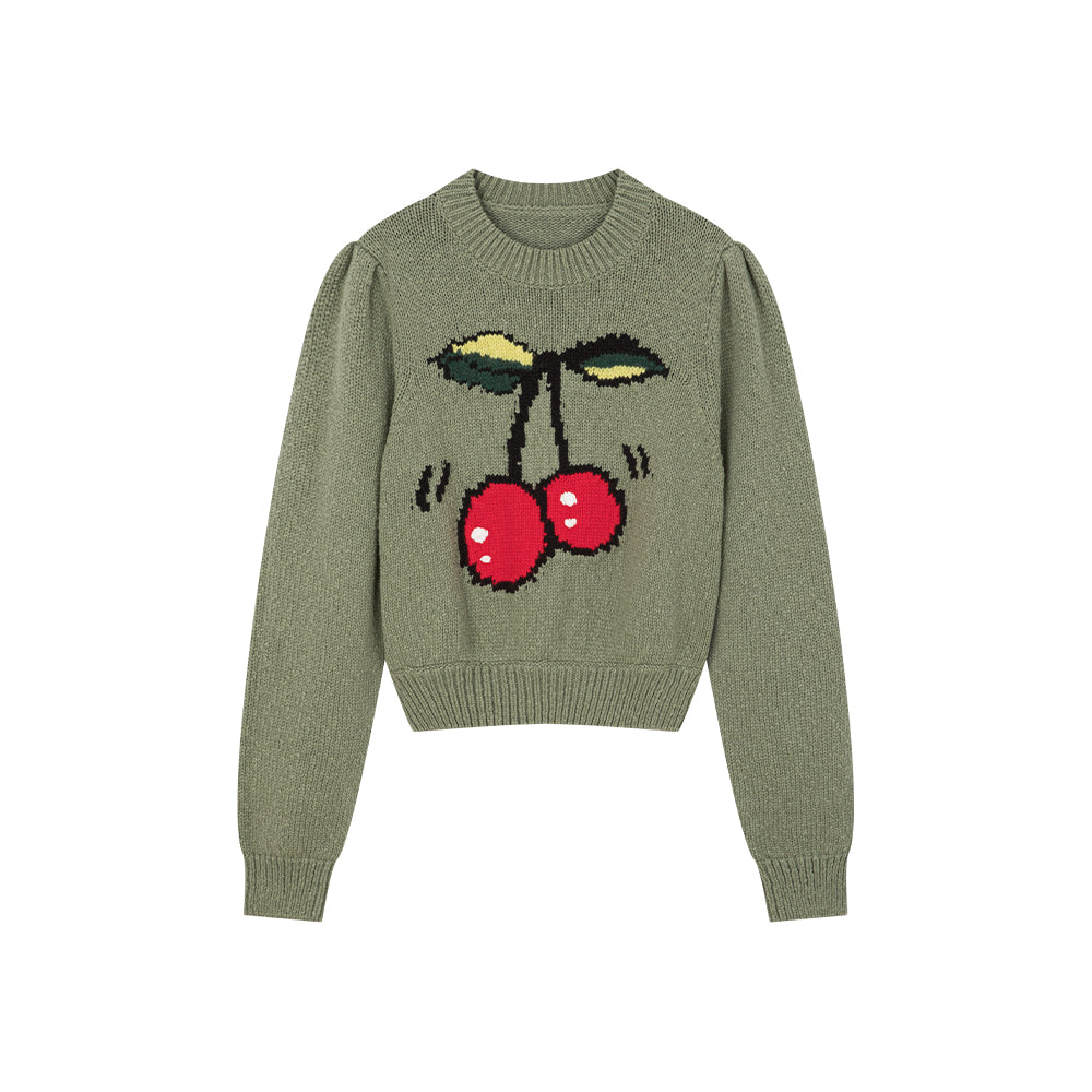 Sage Green Cherry Patterned Sweater