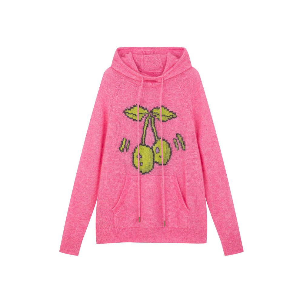 Pink Cherry Patterned Knitted Hoodie