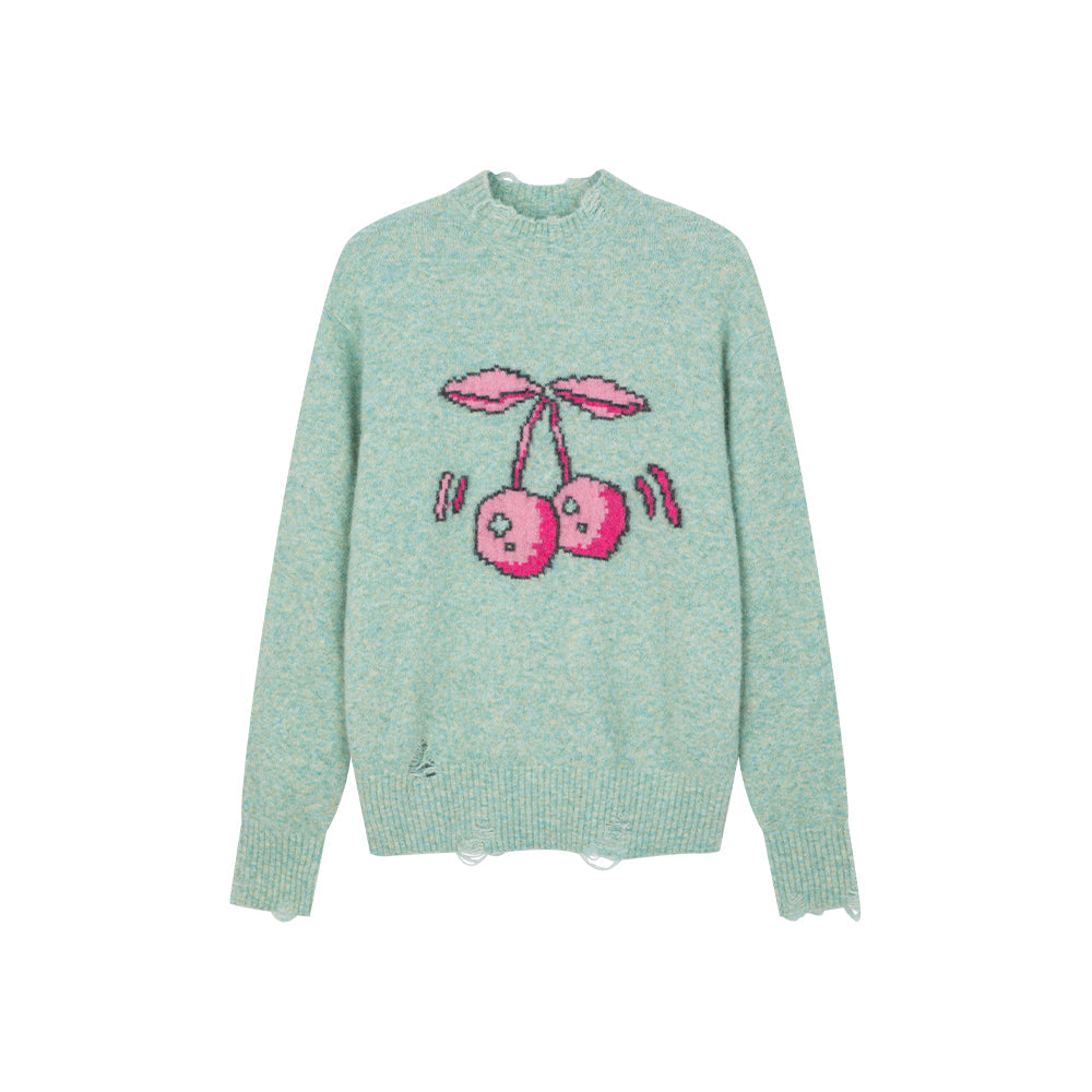 Mint Green Turtle Neck Cherry Patterned Sweater