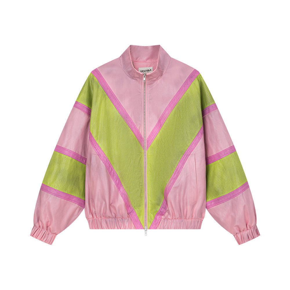 Pink and Lime Green Striped Leather Jacket