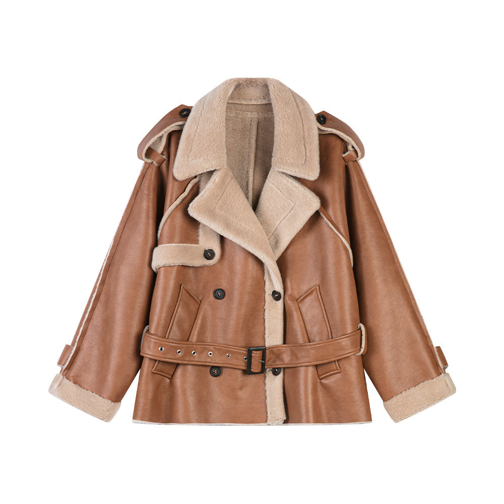 Camel Double Breasted Leather Jacket