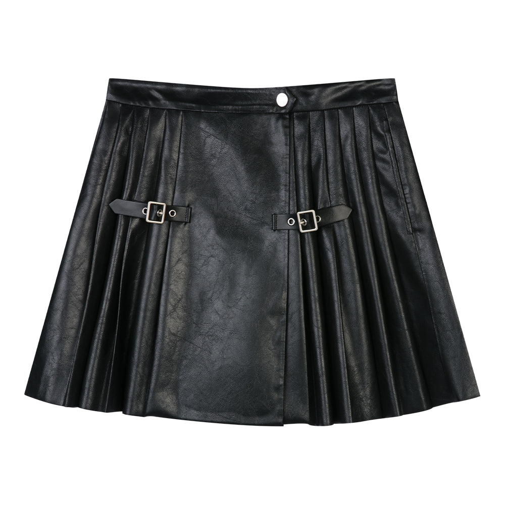 Black Pleated Leather Skirt