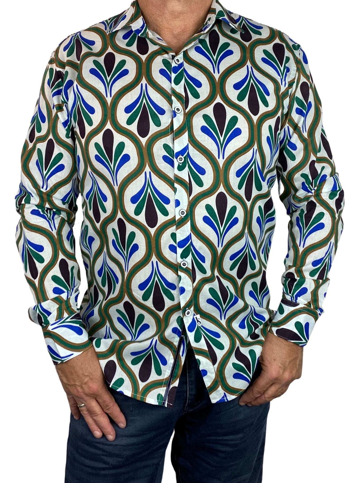 Verde Abstract Cotton Voile L/S Shirt - Green/Beige