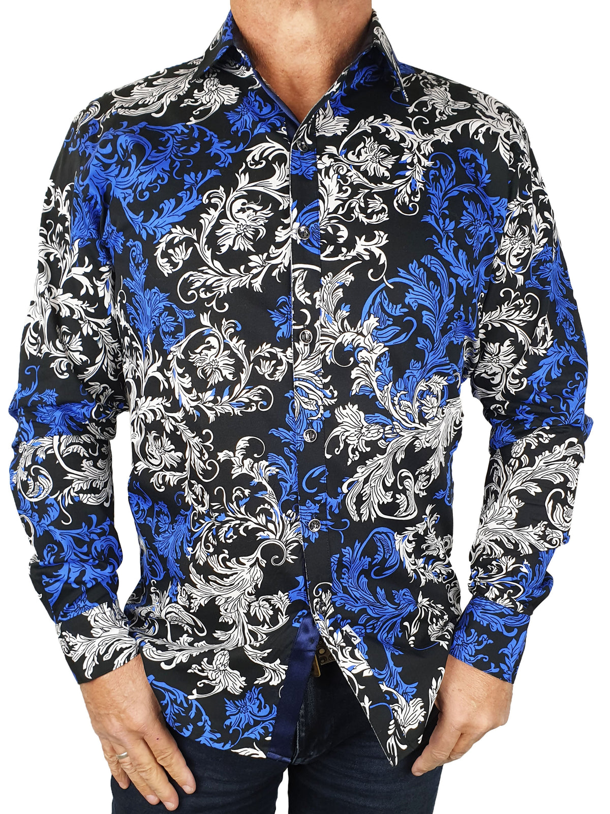 Wisteria Abstract Cotton L/S Shirt - Blue/White/Black