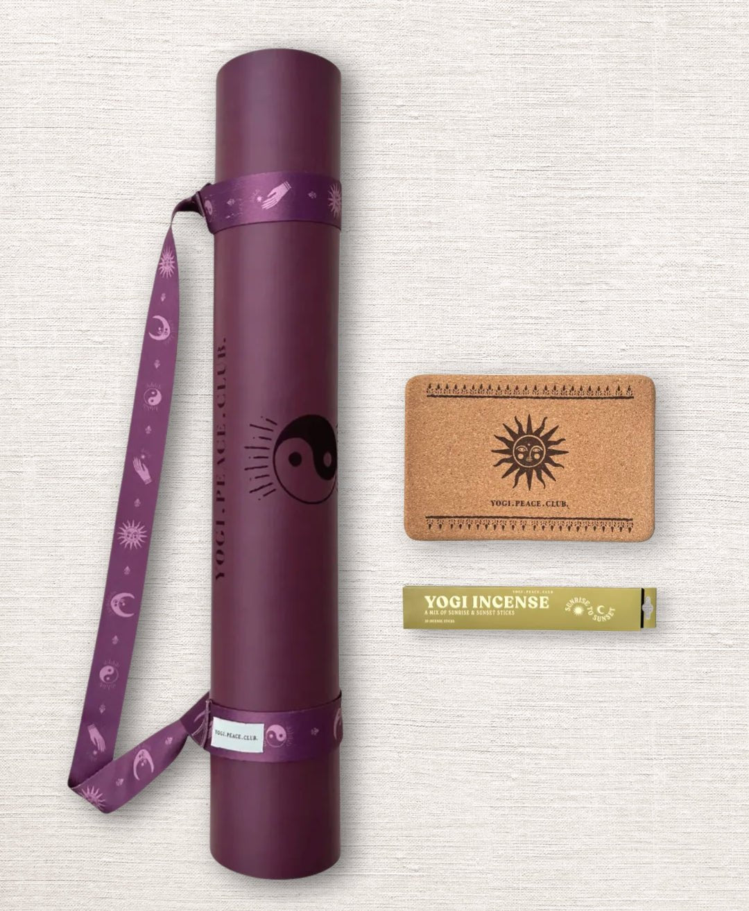 Yoga Pack - Deluxe Plum Yoga Mat + Strap, Incense Block Pack - Yogi Peace Club - Yoga Pack